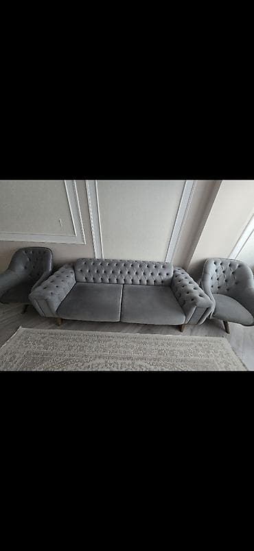 işləmiş taxta: Boz rəngli Chesterfield üslublu yumşaq mebel dəsti 1200 manat əlavə — 1