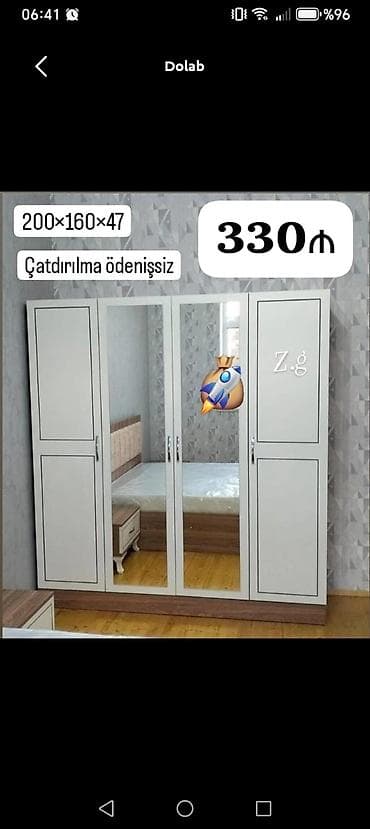 Yeni, 4 qapılı, Güzgülü, Ağ, Taxta, Açılan, Düz dolab