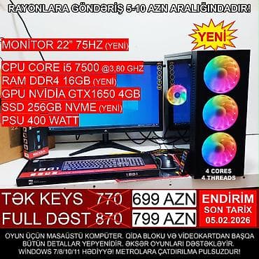Masaüstü Kompüter "RGB Gaming DDR4 Core i5 7500 GTX1650 4GB” ⭐Tək