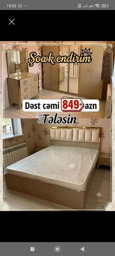Yataq otağı mebel dəsti Tərkib: - Geniş 4 qapılı şkaf, ortası güzgülü