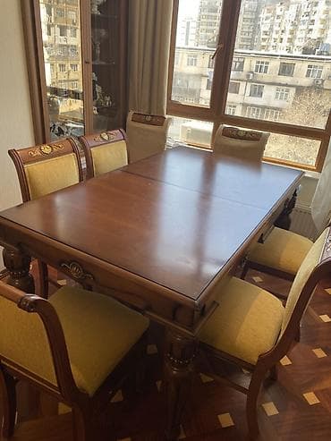 taxta stular: Qonaq otağı üçün, İşlənmiş, Açılan, Dördbucaq masa, 8 stul — 2