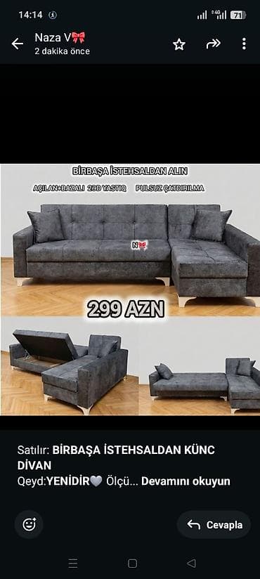 Satılır: *BİRBAŞA İSTEHSALDAN KÜNC DİVAN* Qeyd:*YENİDİR*🩶 Ölçüsü