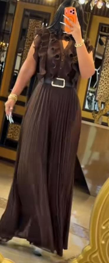 Qəhvəyi rəngdə, elegant uzun paltar-jumpsuit dizaynı: - Üst hissə — 1