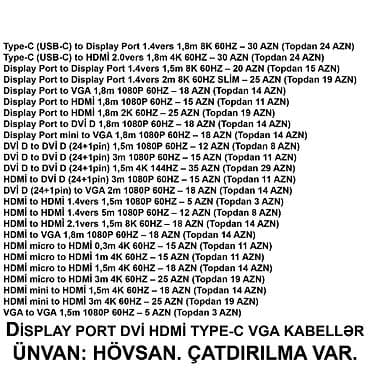 Kompüter və noutbuk aksesuarları: HDMİ DVİ VGA Display Port Type-C USB Kabellər SAYLA ALANA VƏ USTALARA — 2