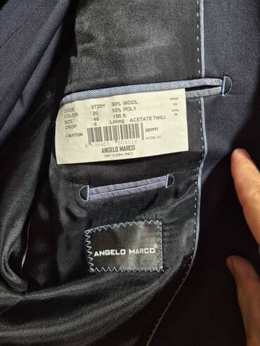 kişi ucun klassik qara kostyum: Kostyum Brend: Angelo Marco Tərkibi: 90% yun, 10% polyester Rəng kodu — 5