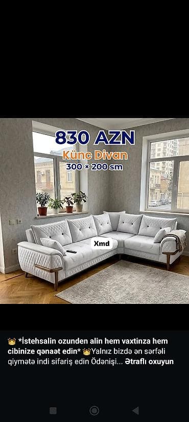 bal: Künc divan – 300 × 200 sm Qiymət: 830 AZN - Şık və müasir dizayn — 1