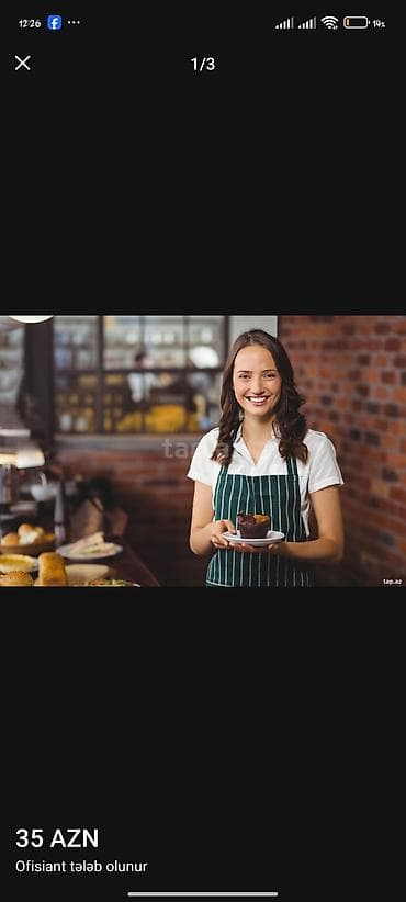 restoran: Ofisiant tələb olunur, Kafe, Gündəlik ödəniş, İstənilən yaş, 1 ildən az təcrübə — 3