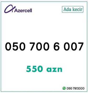 Operator: Azercell Nömrə: 050 700 6 007 Xüsusiyyət: yadda qalan