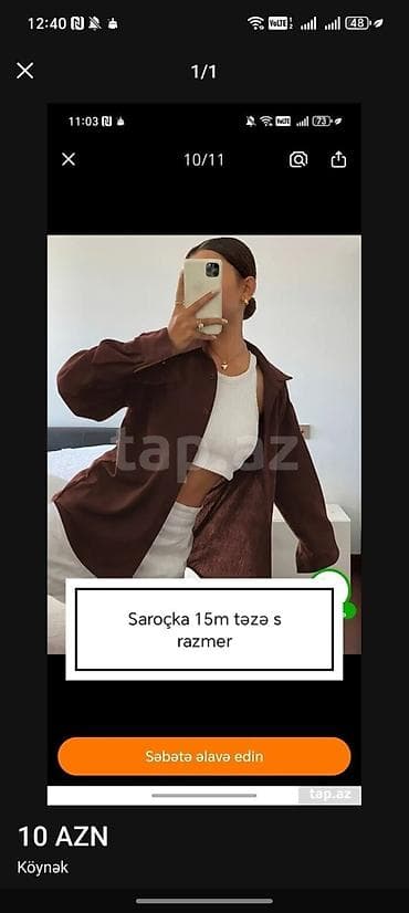 Qadın köynəyi – qəhvəyi rəngdə, klassik düyməli model. Uzunqol, rahat