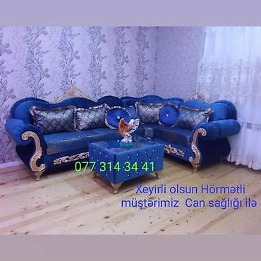 kafe divanlari: Klassik üslubda L formalı salon dəsti - Dərin mavi rəngdə, yumşaq — 1