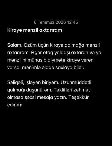 Kirayə mənzil axtarışı Özüm üçün kirayə qalmağa mənzil axtarıram