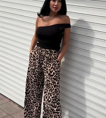 Leopard naxışlı qadın şalvarı - Model: geniş kəsim, relax fit - Bel