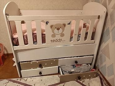 teddi: Uşaq beşiyi “Teddy” dizaynı - Rəng: ağ, ön paneldə balaca ayı və — 2