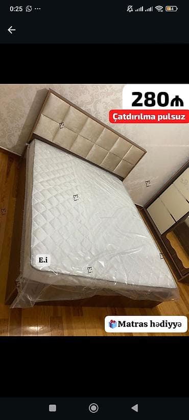 taxta: Mebel dəsti – taxta çarpayı başlığı və baza ilə - Rəng: açıq bej — 1