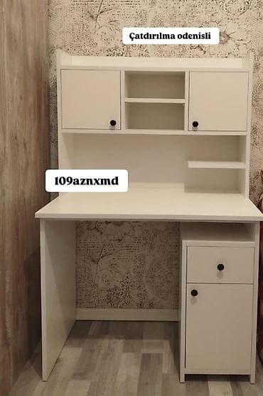 yazi stullari: Ağ rəngli funksional yazı/iş masası rəfli üstlük ilə. Xüsusiyyətlər — 1