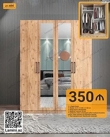 4 qapılı geyim dolabı - Ölçü: Dərinlik 47 sm × Hündürlük 200 sm × En — 1