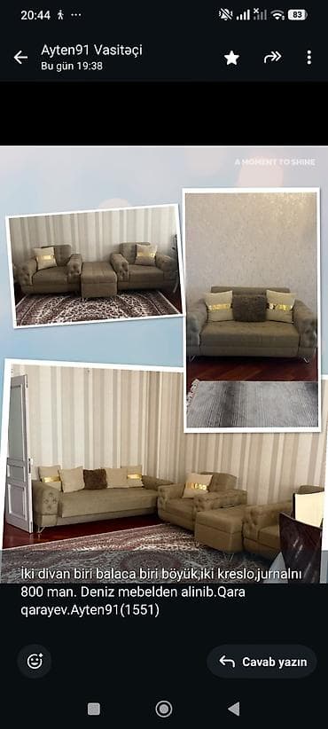 İki divan biri balaca biri böyük,iki kreslo,jurnalnı 800 man. Deniz — 1