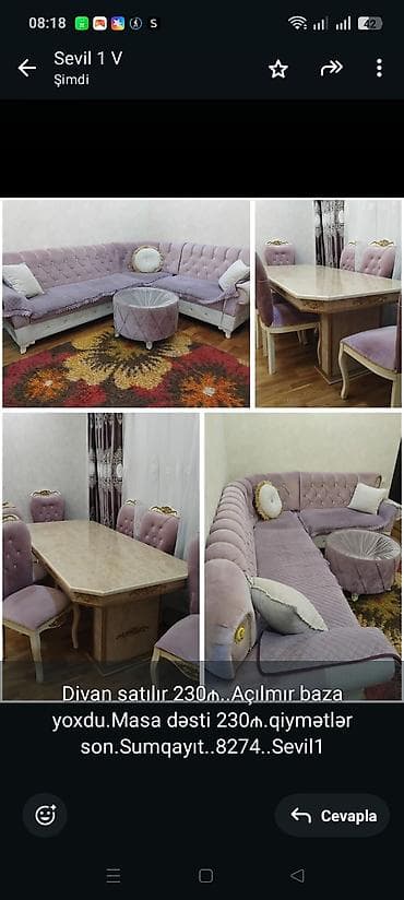 divan sumqayit: Divan satılır 230₼. Açılmır baza yoxdu.Masa dəsti 230₼.qiymətlər — 1