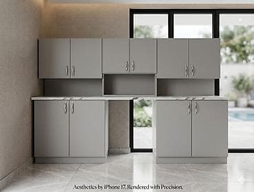 mdf divar panelleri: Mətbəx üçün müasir dolab dəsti - Rəng: boz, mat səth - Üst lövhə — 1