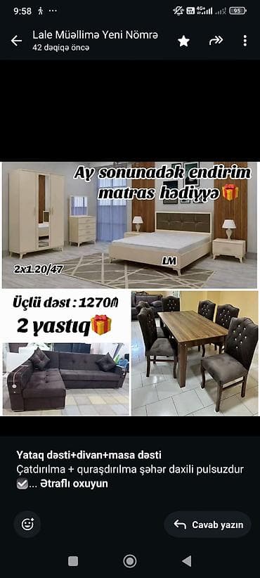 mebellər və qiymətləri: *Yataq dəsti+divan+masa dəsti* Çatdırılma + quraşdırılma şəhər daxili — 2