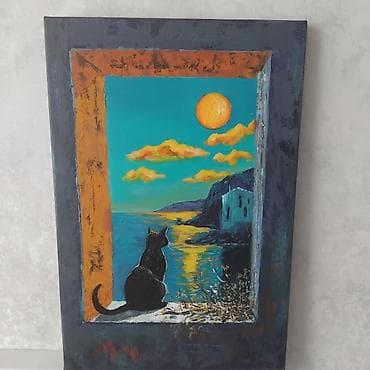 Dənizi seyr edən pişik . 40×60 Kətan üzərində akril və yağlı boya