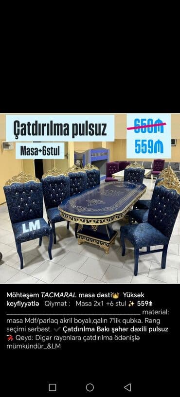 Masa və oturacaq dəstləri: Qonaq otağı üçün, Yeni, Açılmayan, Dördbucaq masa, 6 stul — 2