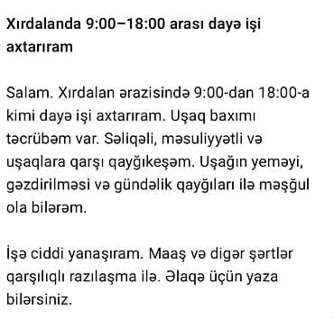Xırdalanda uşaq baxımı xidməti - Xidmət növü: Dayə/ușaq baxıcısı - lalafo.az -da Xırdalanda uşaq baxımı xidməti - Xidmət növü: Dayə/ușaq baxıcısı -