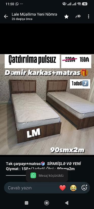 *Tək çarpayı+matras🎁* _*SİFARİŞLƏ VƏ YENİ*_ *Qiymət : 150₼*(1ədədi) — 1