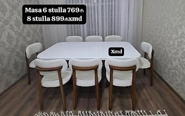 Ağ rəngli, modern üslubda yemək otağı dəsti. Dəst kvadrat-küncləri