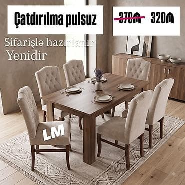 stol ustul: 💥 Masa dəsti – Masa + 6 stul 💥 Masa (bağlı): 90 × 1.70 + 6 stul — 320 — 1