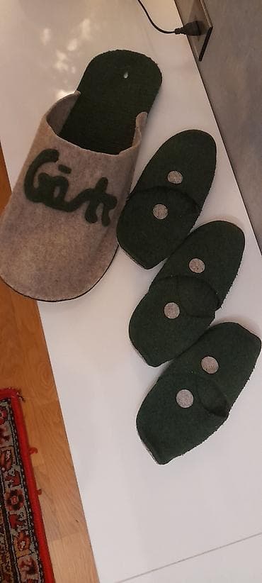 ev üçün açıq qadın şap şapları: Felt qonaq terlikləri dəsti + asma dekor. - Dəst tərkibi: 3 cüt yaşıl — 3