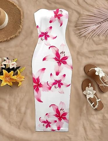 don: Ağ əsaslı, çiyin və qolsuz strapless bodycon midi don. Üzərində iri — 3