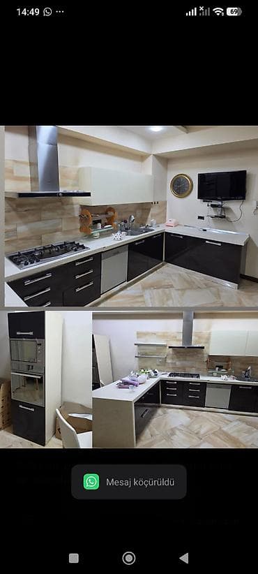 1200: Mətbəx mebeli satılır 1200₼. Ölçü 3/2/1.80. Üzərində qaz — 1