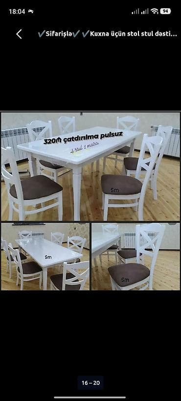 Mətbəx üçün, Yeni, Açılmayan, Dördbucaq masa, 4 stul