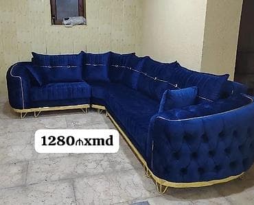 ingrid baza: Mavi samur parça ilə örtülmüş L formalı yumşaq künc divan. - Dərin — 1