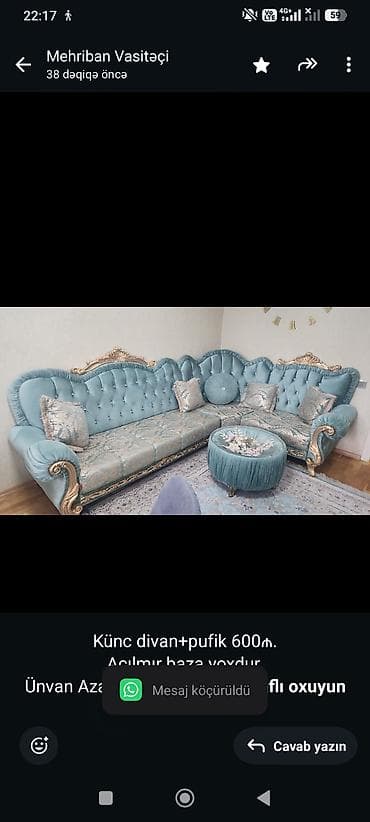 Künc divan+pufik 600₼. Açılmır baza yoxdur. Ünvan Azadlıq mt.(3810) M