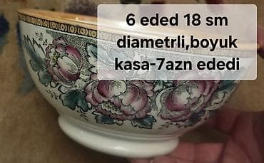 keramik: Keramika kasa dəsti - 6 ədəd böyük kasa: 18 sm diametr, kenari qizili — 6