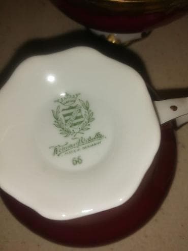 cay qabi: Çay dəsti, rəng - Qırmızı, Farfor, Weimar, 5 nəfərlik, Almaniya — 2