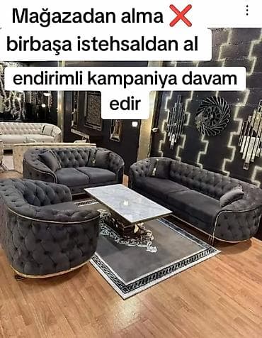 Lüks oturma dəsti – klassik tufting dizaynlı, qara/antrasit məxməri — 1