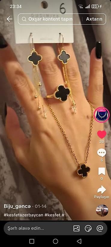 Qızılı rəngli zərgərlik dəstləri və biləkliklər - Dördyarpaqlı yonca