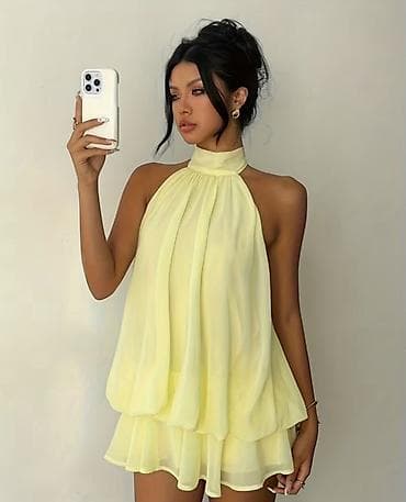mini yupqa: Çox gözel viral olan trendde olan sarı şifon mini don - Model: Halter — 1
