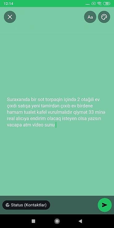 suraxanıda evlər: Suraxanıda 1 sot torpaq sahəsində yerləşən 2 otaqlı ev satılır. Ev — 1