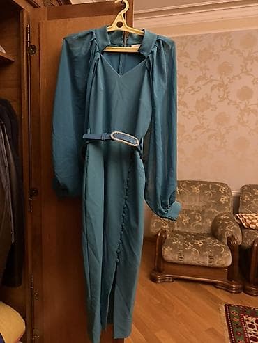 libas: Teal rəngdə zərif qadın donu - Uzun model, axıcı parça - V-yaxa — 2