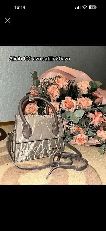 pinko çanta: Qadın çantası – boz/metalik rəngdə, mini ölçü. - Model: üst qapaqlı — 1