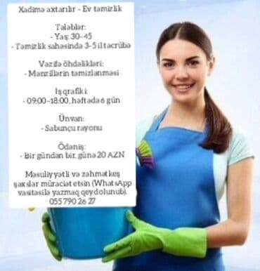 coban is: Xadimə tələb olunur, 30-45 yaş, 3-5 illik təcrübə, 6/1, Gündəlik ödəniş — 1