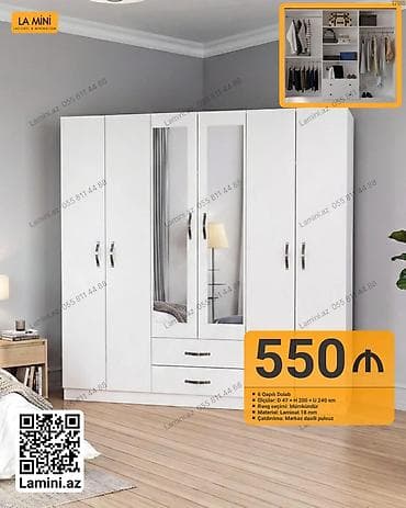 dolab yigilmasi: 6 qapı, Siyirməli, Ağ, Digər material, Açılan, Düz dolab — 1