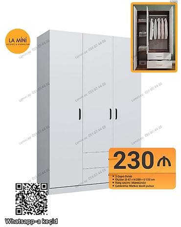 3 qapılı, Siyirməli, Ağ, Açılan, Düz dolab