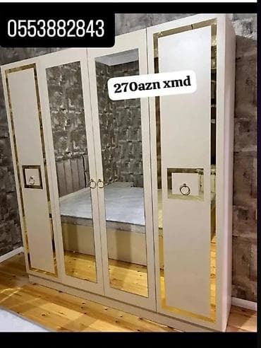 tap az dolab: Yeni, 4 qapılı, Güzgülü, Ağ, Taxta, Açılan, Düz dolab — 1