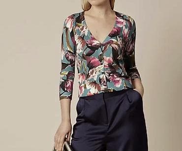 Qadın üçün çiçək naxışlı kardiqan/bluz - Rənglər: yaşıl-mavi fon