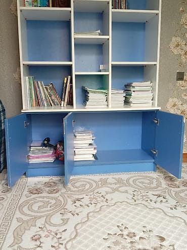 Mavi-ağ rəng sxemində geniş kitab rəfi və şkaf sistemi — 2